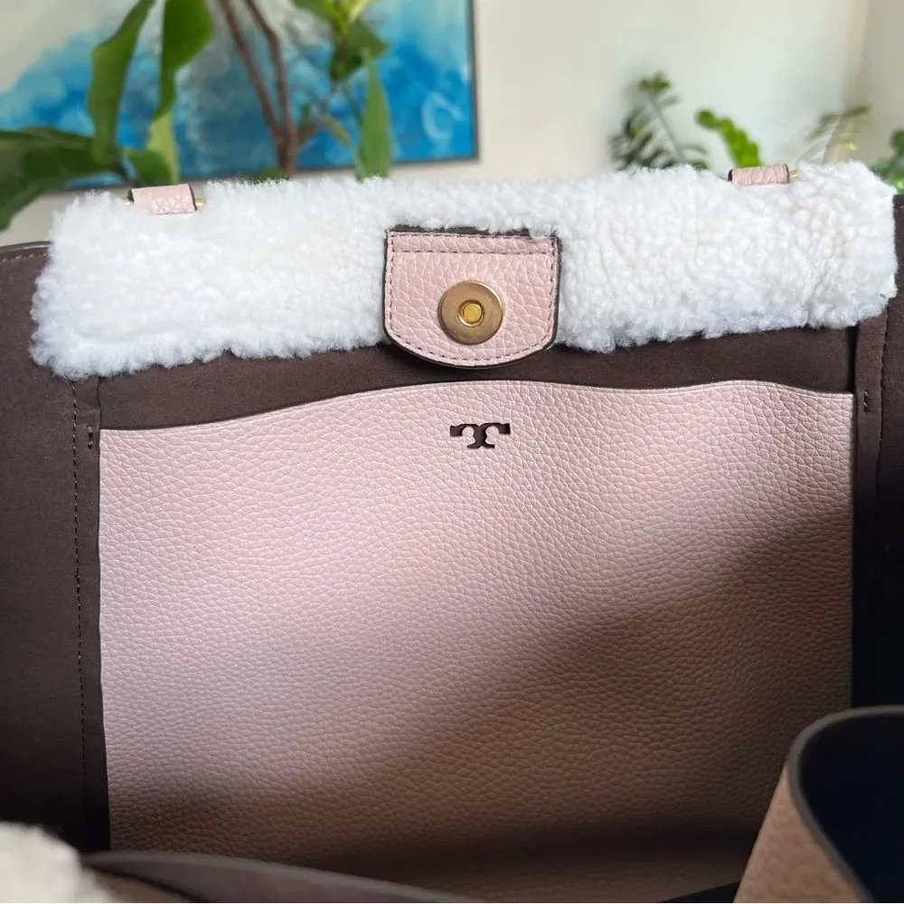 Tory Burch McGraw Shearling Fleece Fur & Leather Tote Bag Sand Beige Pink Ivory